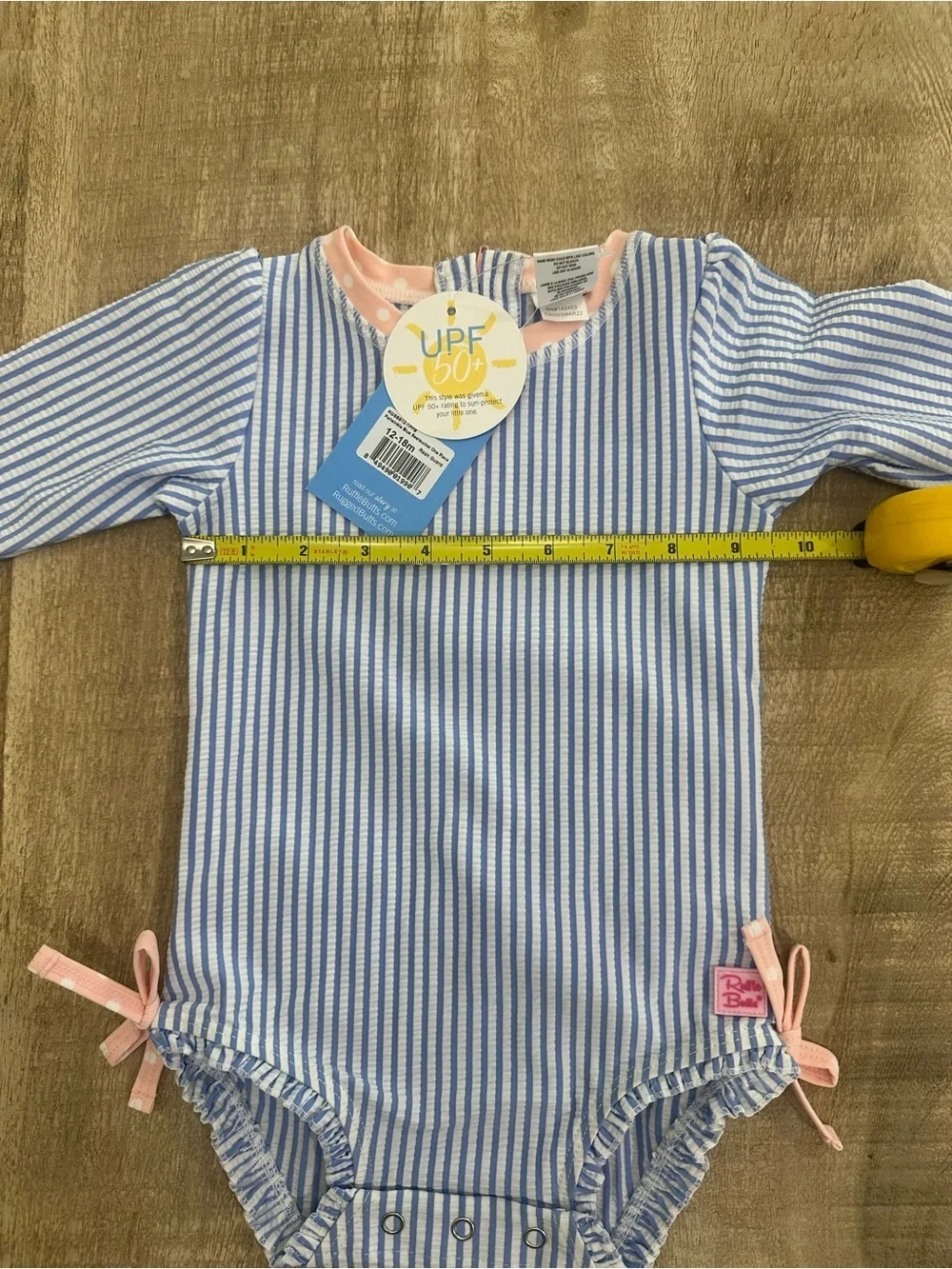 RuffleButts Blue Seersucker Rash Guard One Piece | 12–18M | UPF 50+